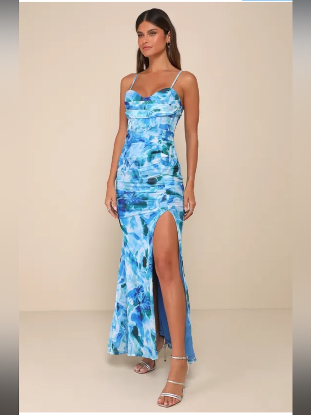 Stunning Wonder Blue Floral Mesh Bustier Mermaid Maxi Dress
